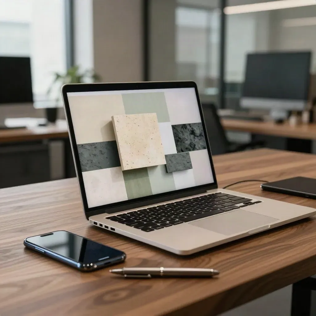 Ordinateur portable ouvert, smartphone et stylo dans un studio média moderne.
