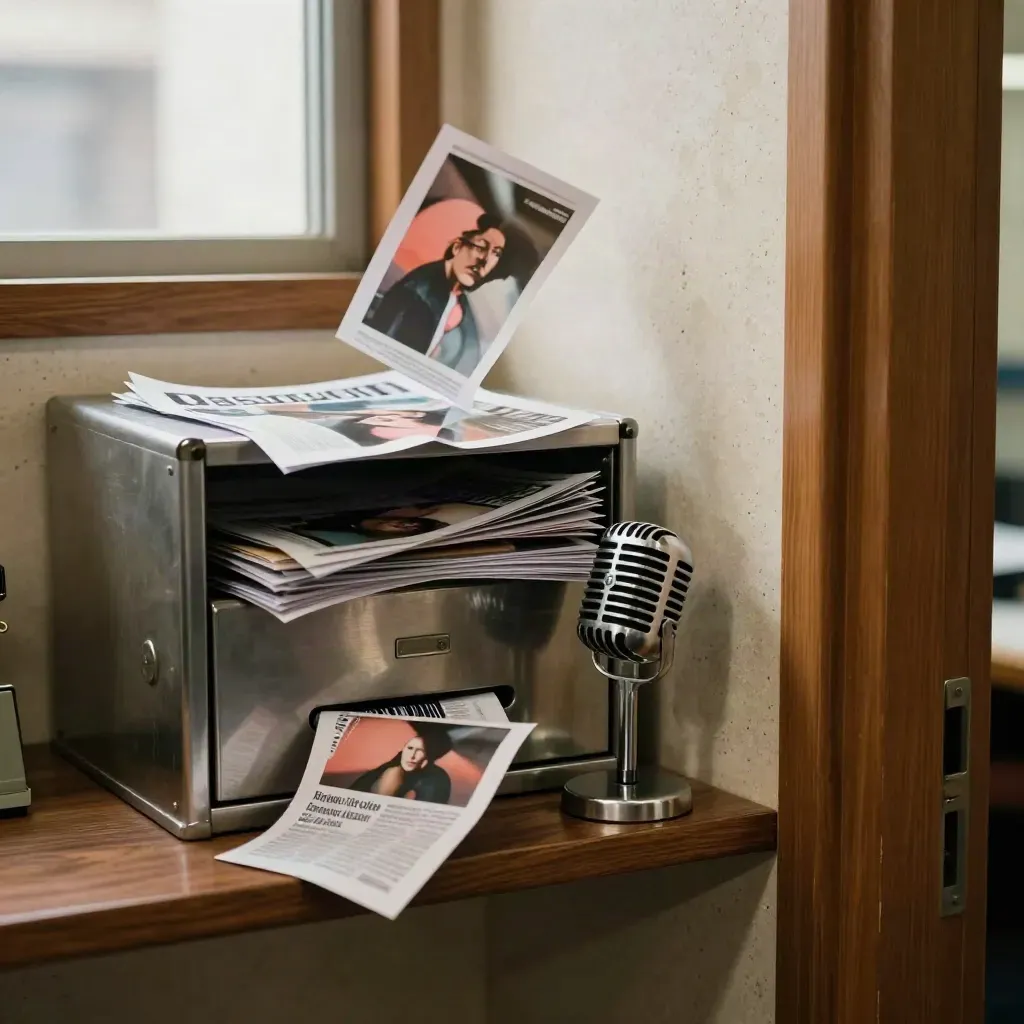 Coin de rédaction avec micro rétro, boîte presse et photos retournées en mouvement.