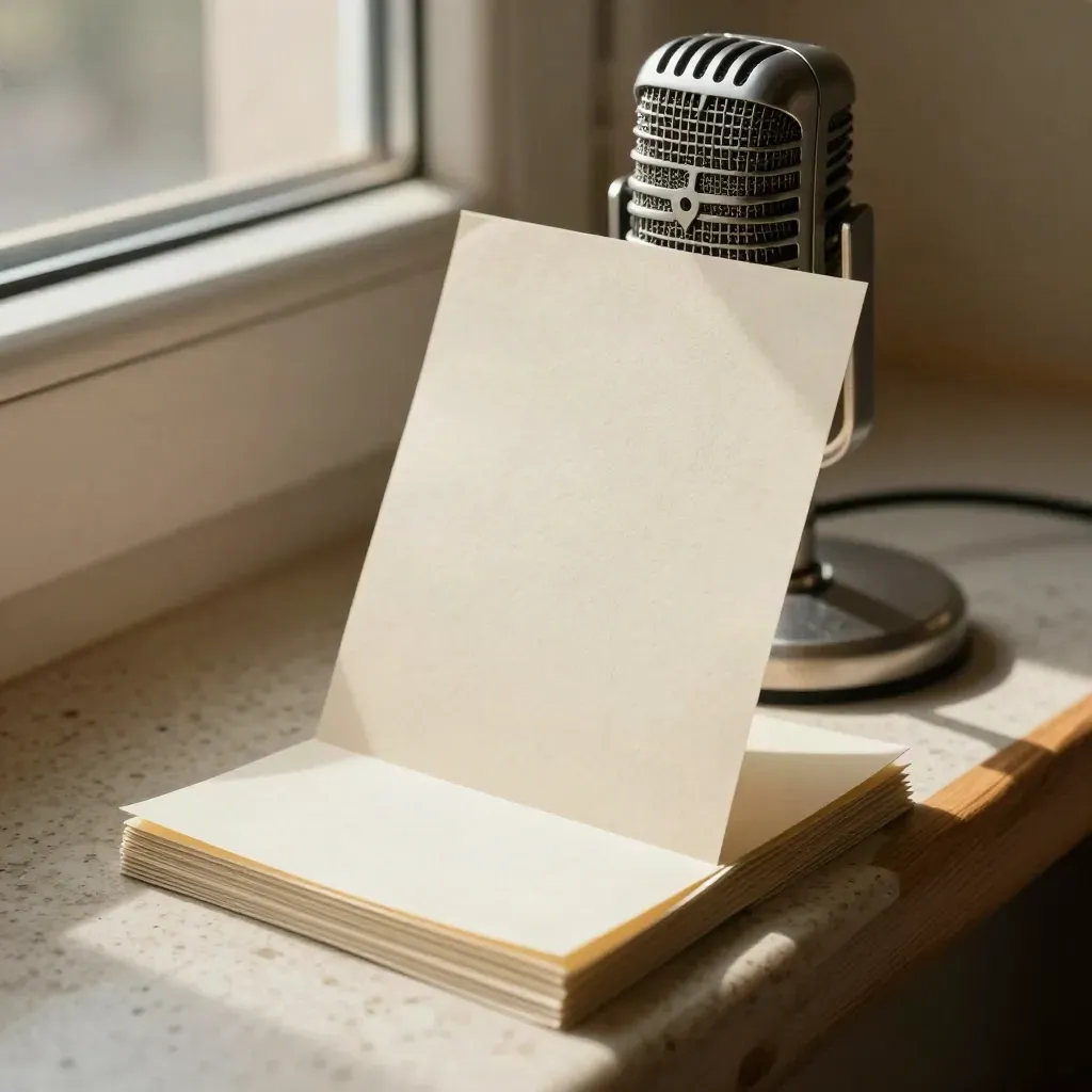Carte ivoire, micro rétro et feuillets retournés sur un rebord en travertin, lumière douce.