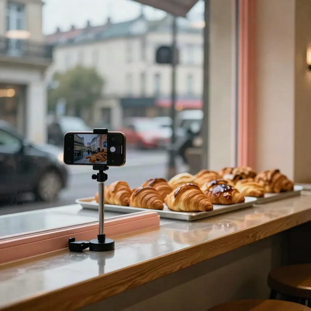 Un téléphone sur pince près d’une vitrine de boulangerie, avec viennoiseries floues et reflets du soir.