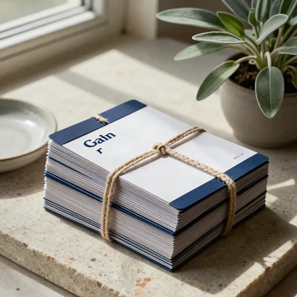 Cartes de stratégie de marque liées au lin, avec plante et coupelle sur pierre claire.